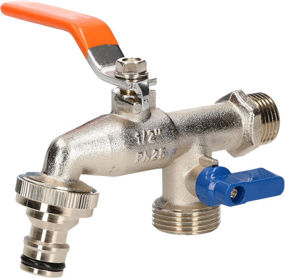 Robinet de exterior cu dublă ieșire – 1/2" și 3/4", conector rapid furtun, mâner metalic