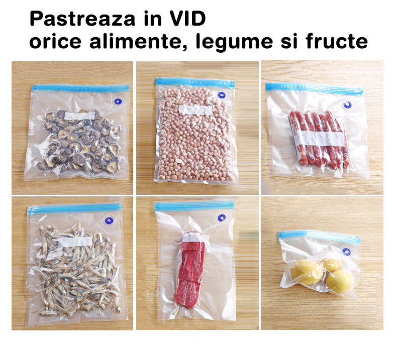 Set 10 pungi alimentare reutilizabile pentru vidat, cu pompa inclusa, 30cm x 34cm